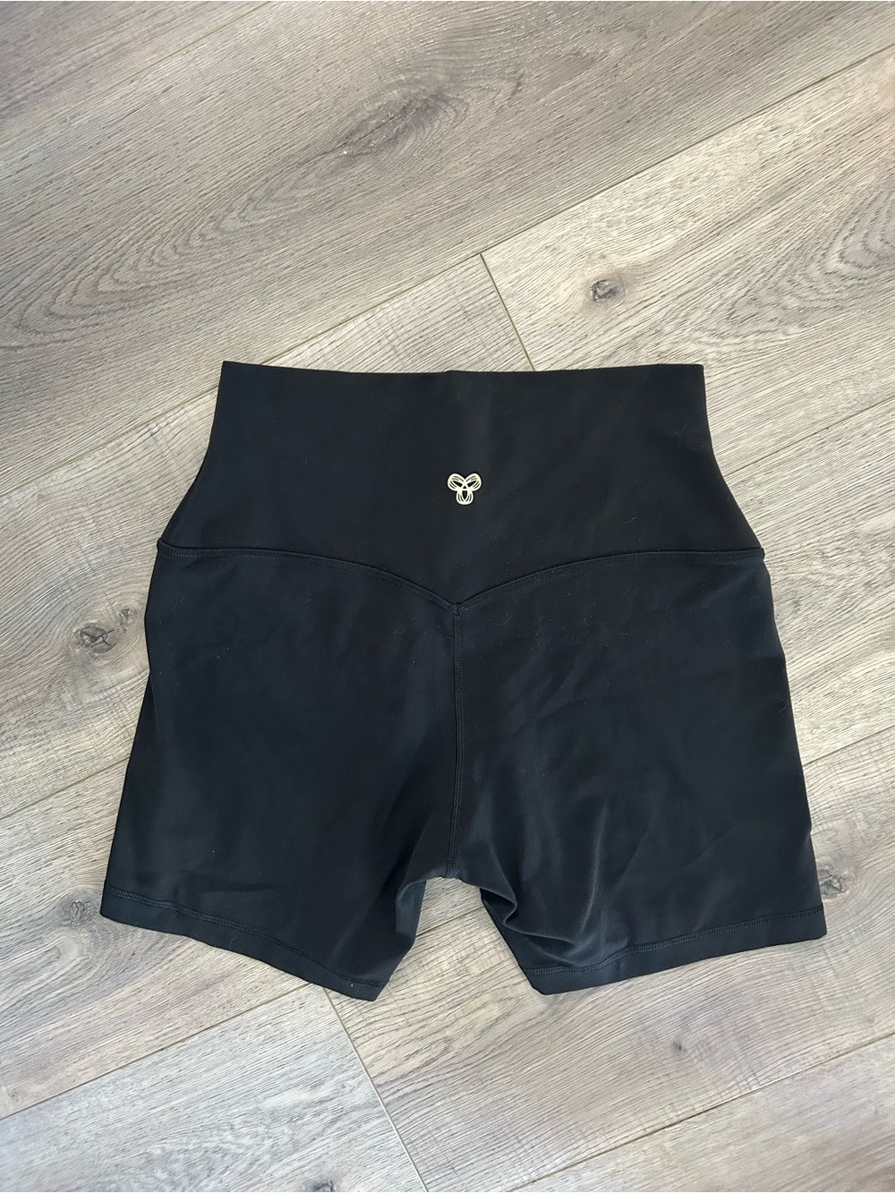 Aritzia Black “the Golden Short” High-Rise Bike Shorts with Gold Logo